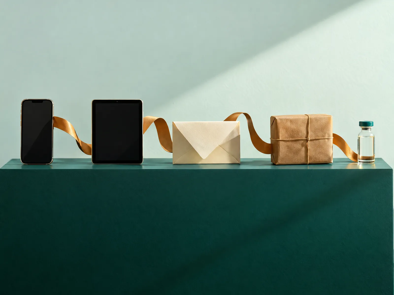 Phone, tablet, envelope and parcel joined by one amber ribbon on a teal shelf