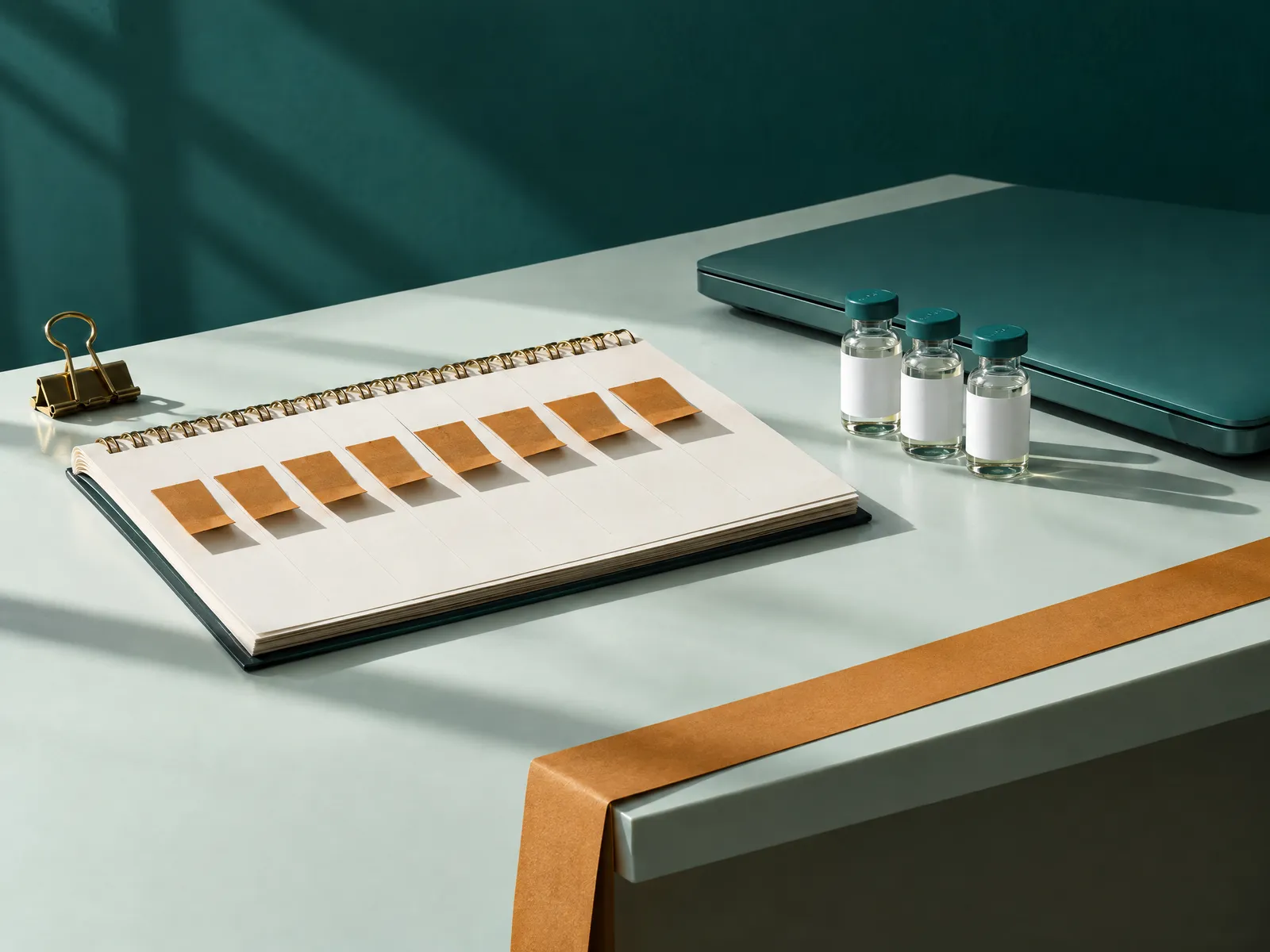 Desk calendar with amber tabs beside three teal-cap vials and a closed teal laptop