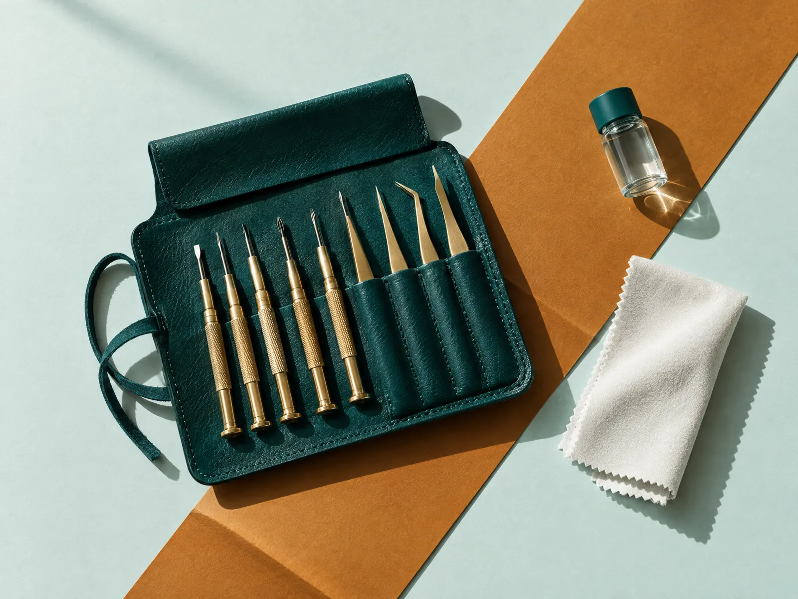 Teal tool roll of gold instruments beside a research vial and a cloth