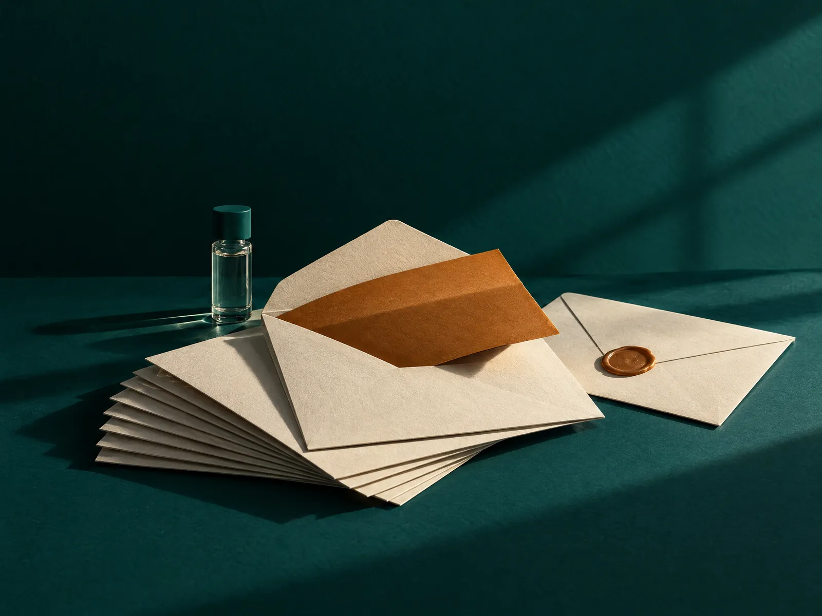 Fan of cream envelopes tied with an amber ribbon on a teal surface