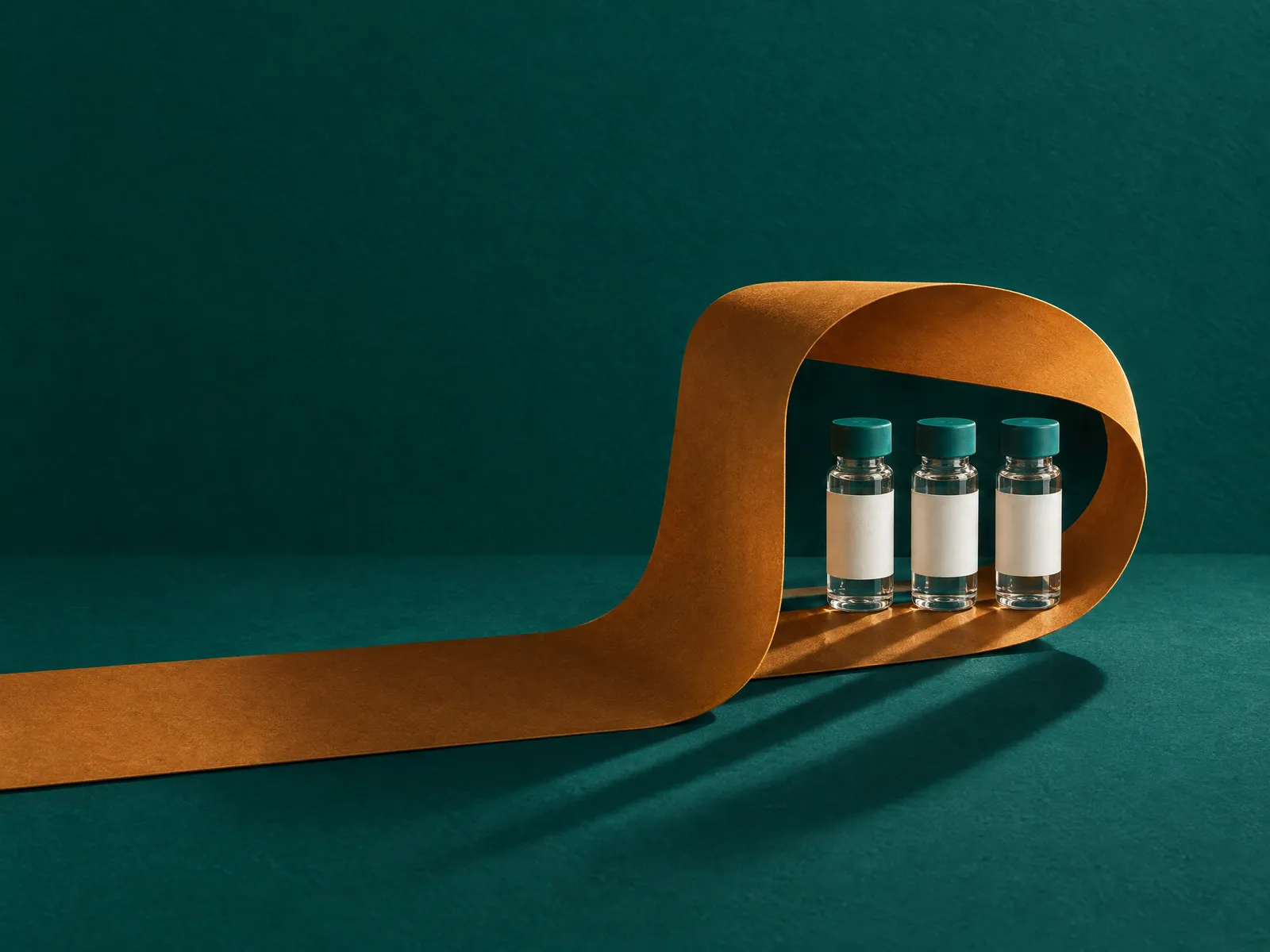 Three teal-capped research vials inside a folded amber ribbon on a deep teal backdrop