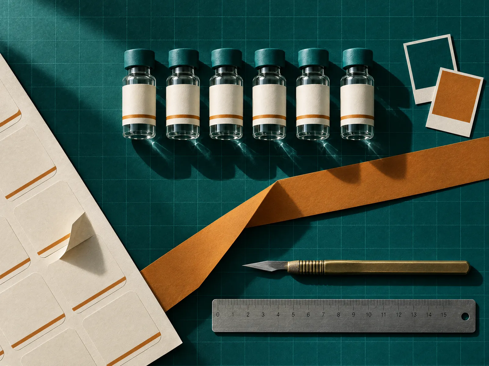 Labelled glass research vials and a product box