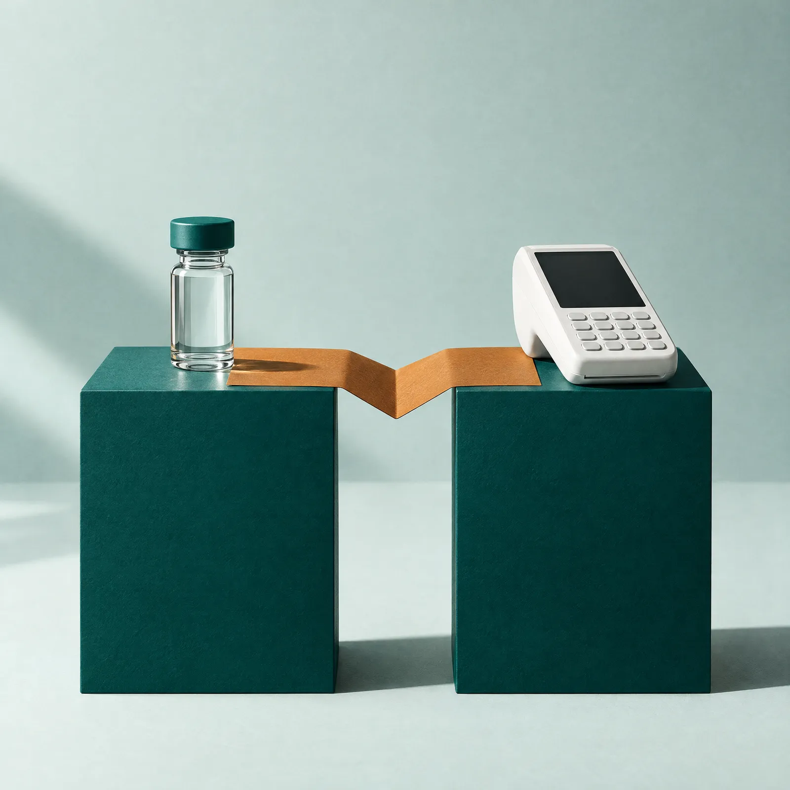 A vial and a card terminal on twin teal plinths joined by one amber ribbon