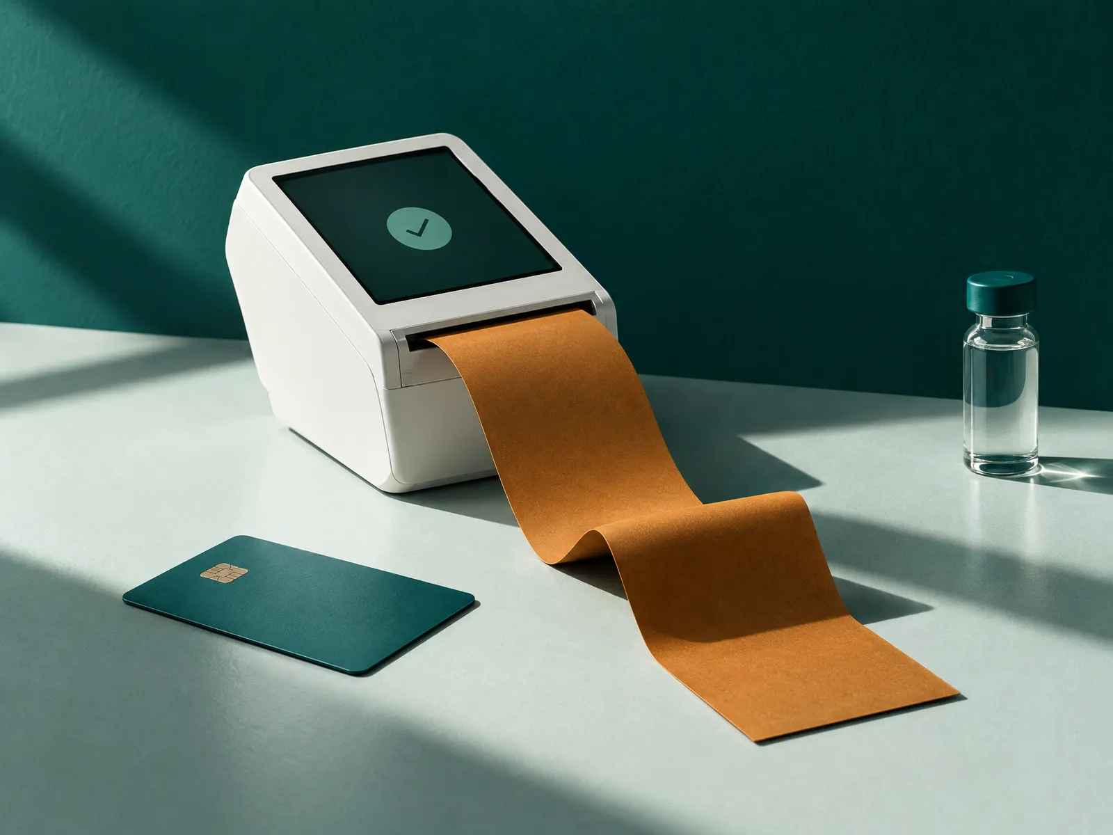 Card terminal and an amber vial beside paperwork on a bench