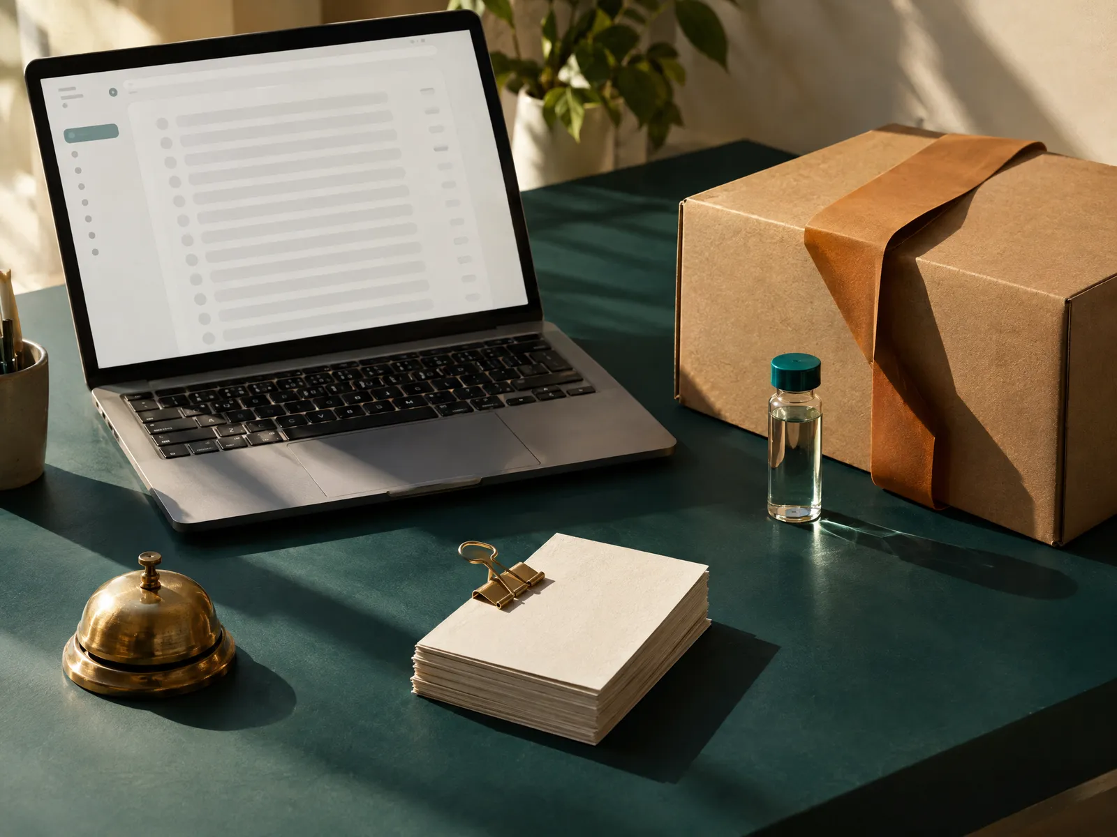 Laptop showing an inbox beside a kraft parcel, a brass bell and a stack of cards