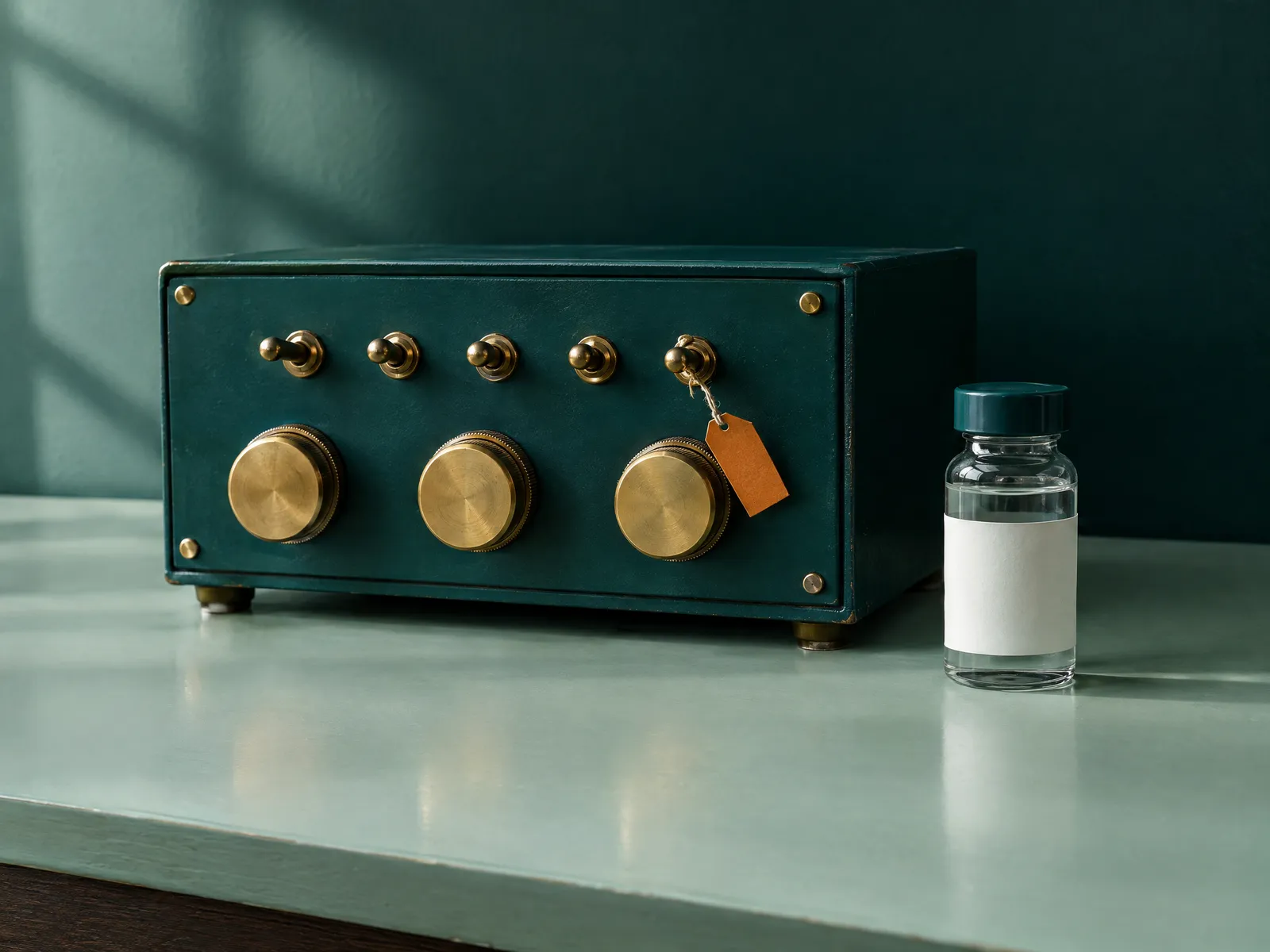 Teal control panel with brass toggle switches and dials beside a teal-cap vial