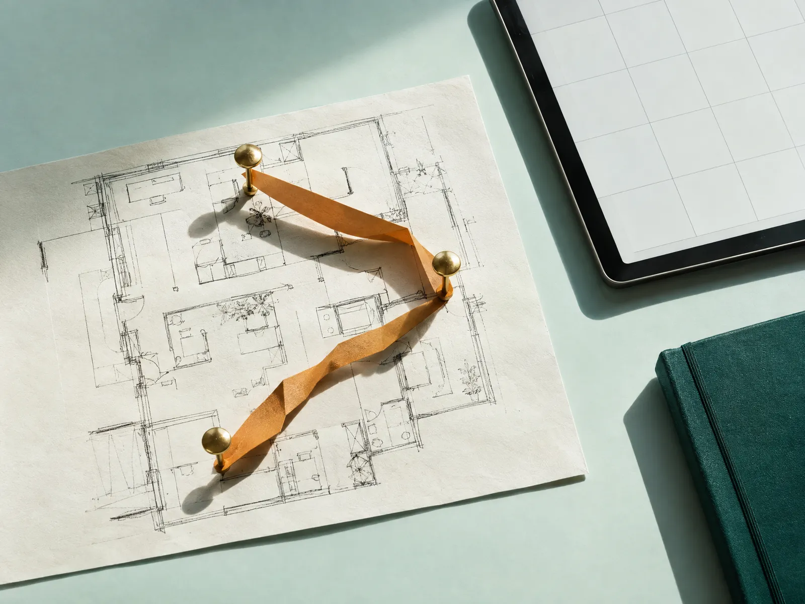 Clinic floor plan with three brass pins linked by an amber ribbon beside a tablet