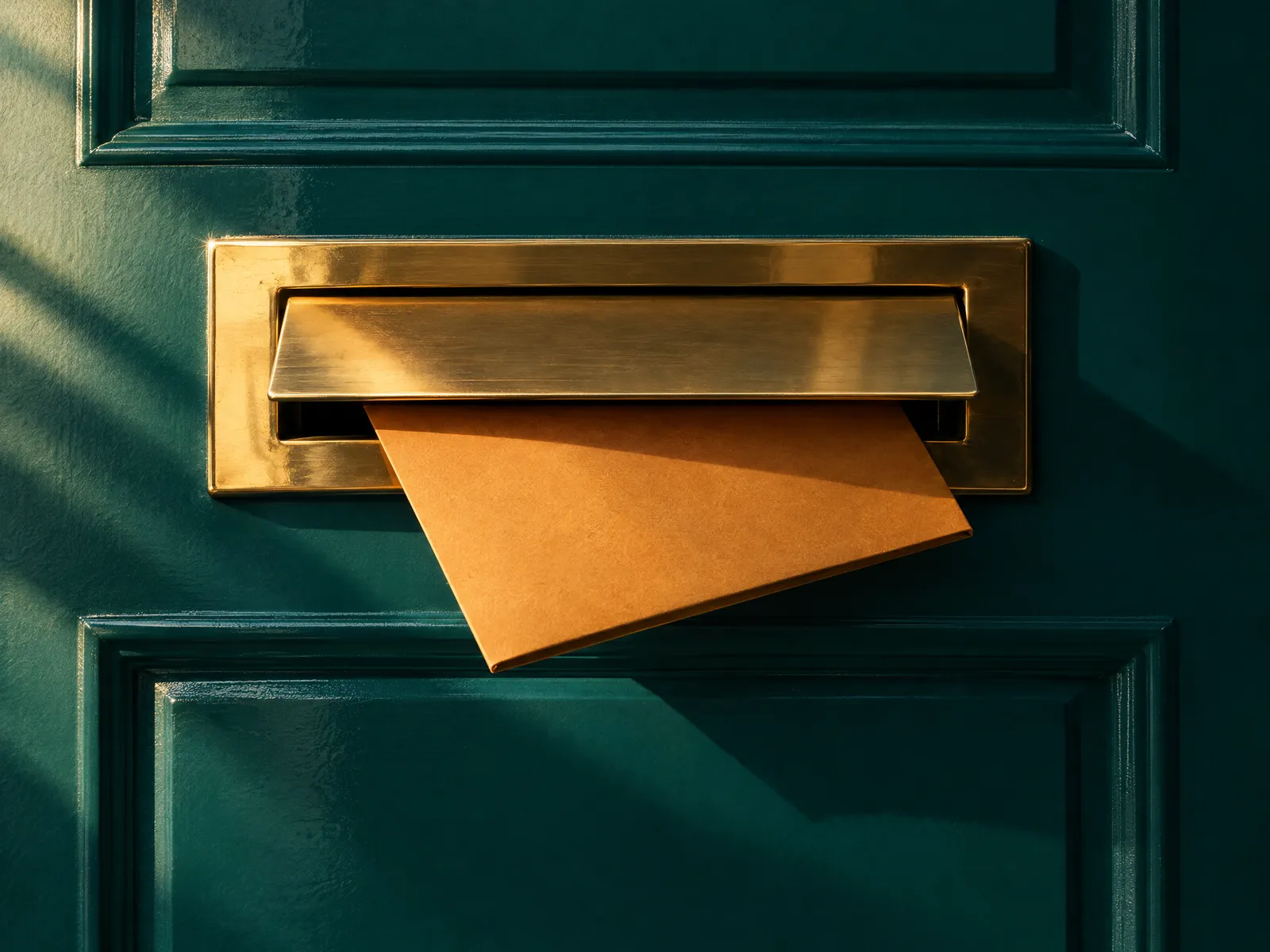 Brass letterbox with an amber ribbon on a teal door