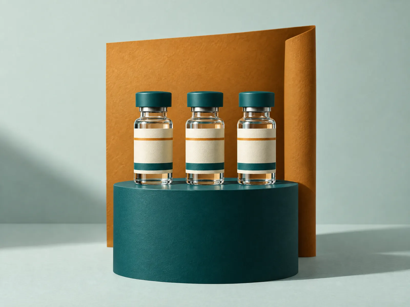 Three labelled vials on a teal plinth in front of an amber box flap