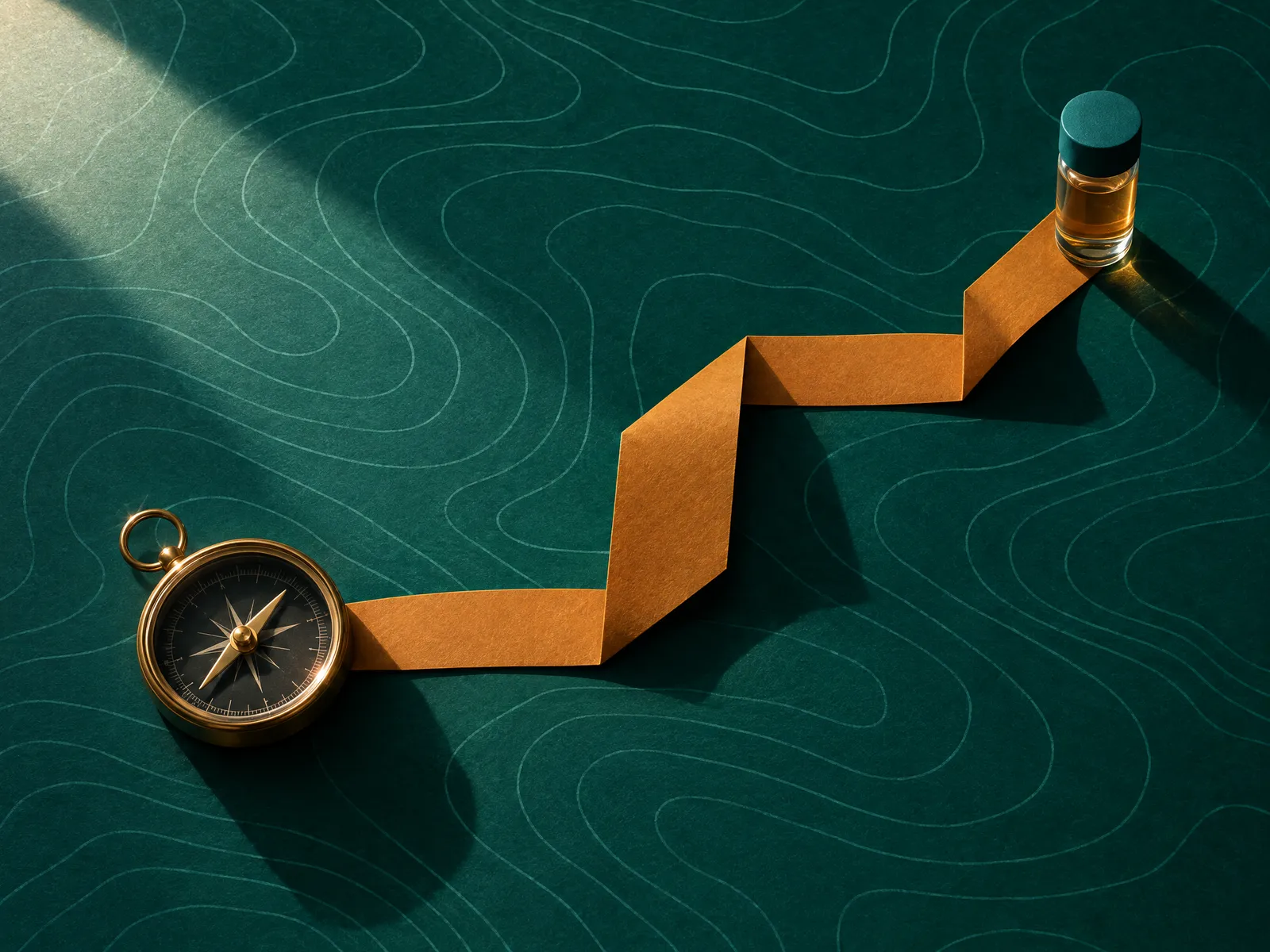 Compass and an amber ribbon climbing across a teal contour map