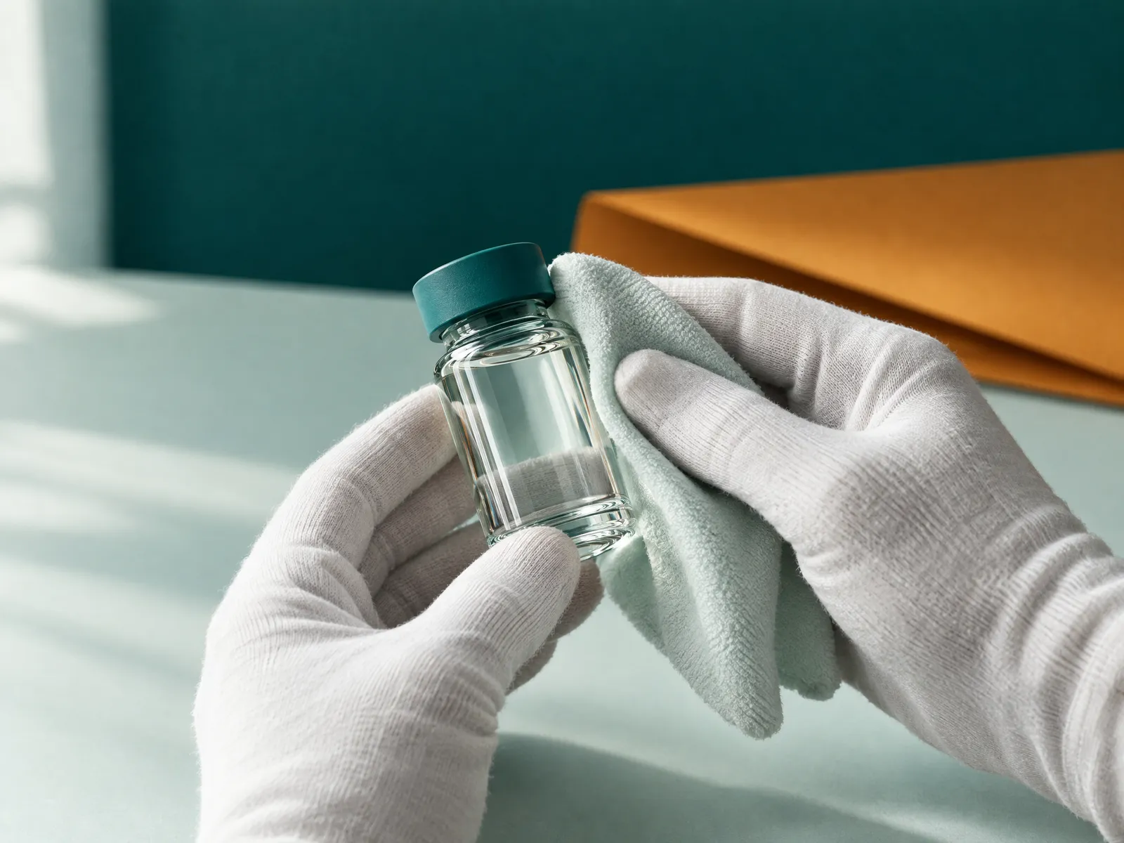 Gloved hands polishing a teal-capped research vial