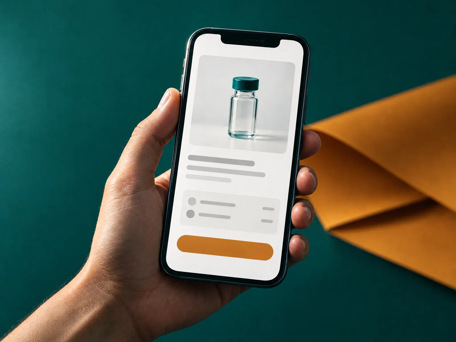 Hand holding a phone that shows a peptide store product page