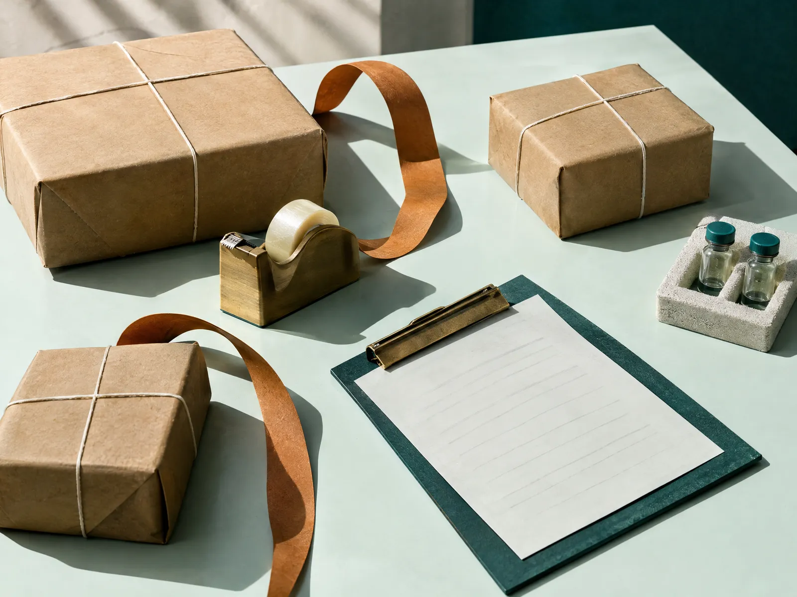 Kraft parcels, a brass tape dispenser and a clipboard on a pale teal packing bench