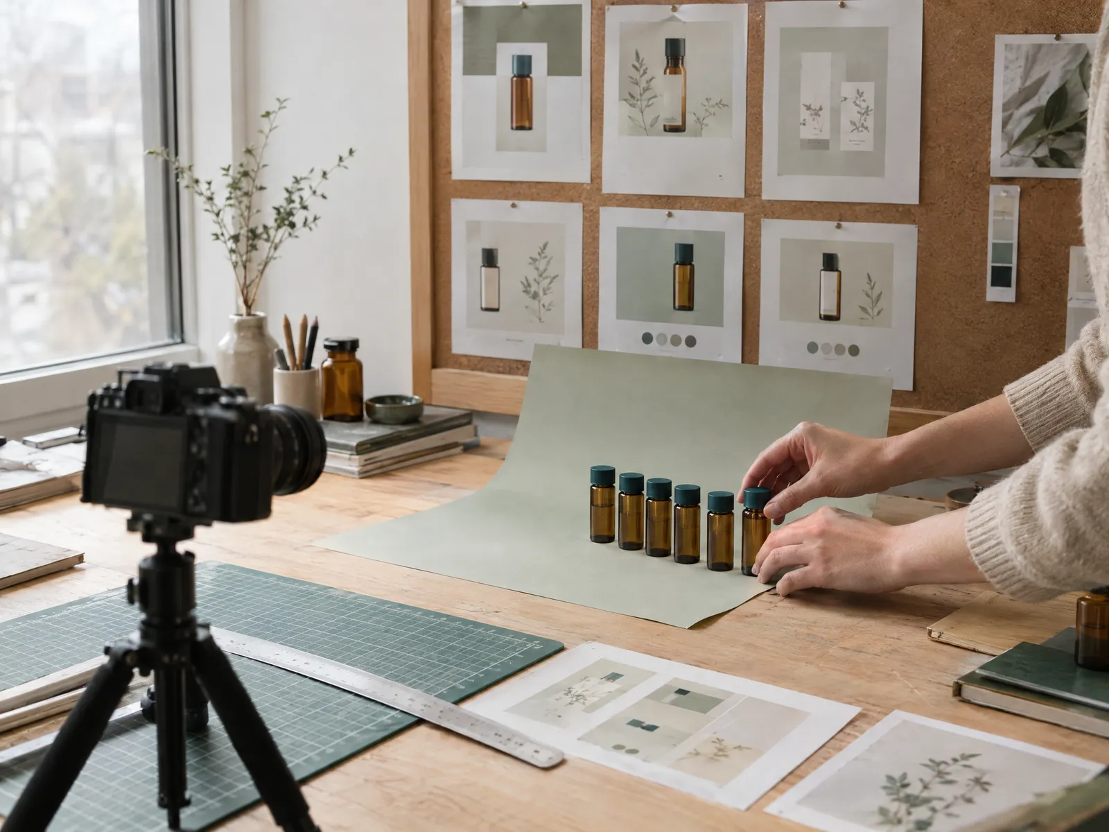 Designer arranging labelled vials in a product photo studio