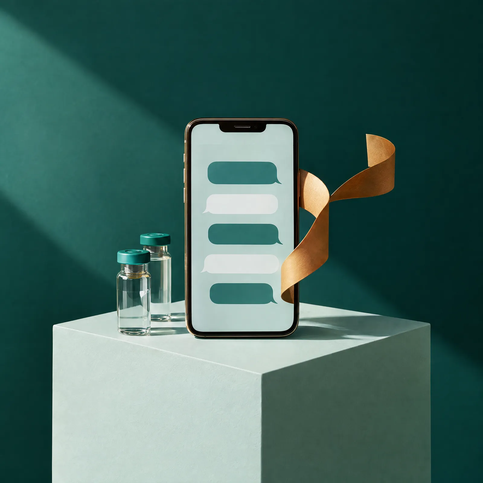 Phone on a pale teal plinth showing a chat thread, with two teal-cap vials and an amber ribbon