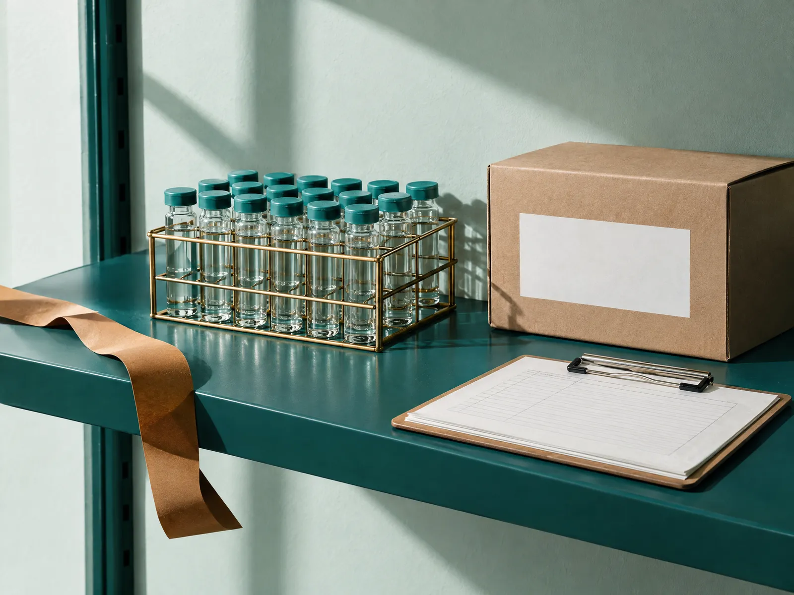 Teal shelf with a brass rack of teal-cap vials, a kraft shipping box and an amber ribbon