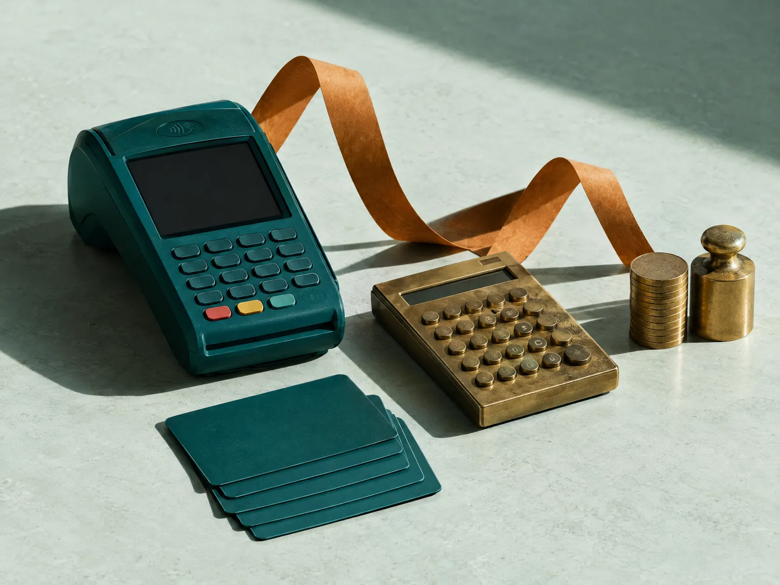 Teal card terminal, brass calculator, stacked coins and blank teal cards with an amber ribbon
