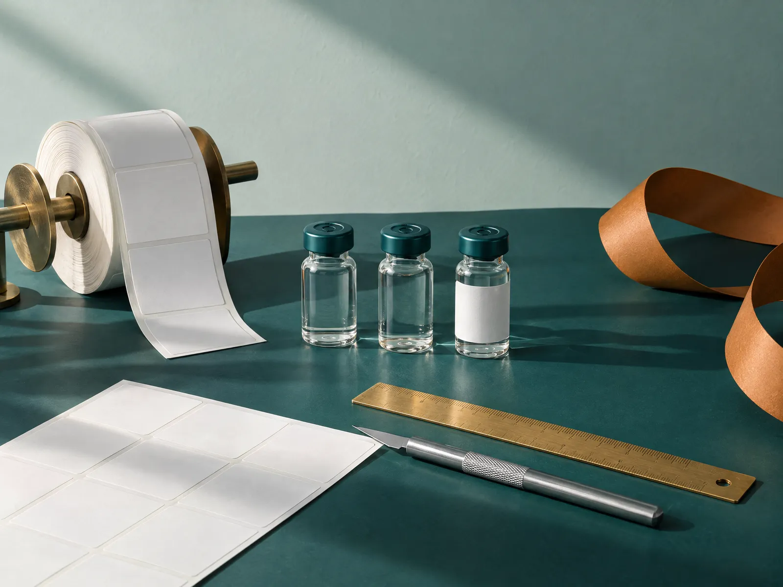 Roll of blank vial labels on a brass spindle beside teal-capped vials, a brass ruler and an amber ribbon