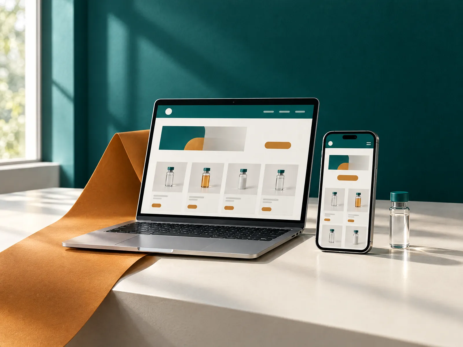 Peptide store on a laptop and phone, with a vial and a business card